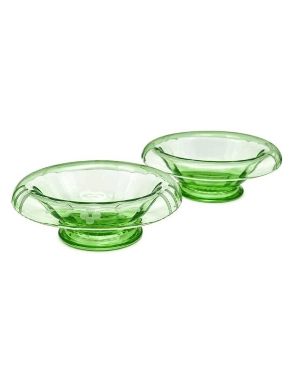 Vintage Green Uranium Glass Centerpiece Bowls UV Glow Set of 2 One Etched